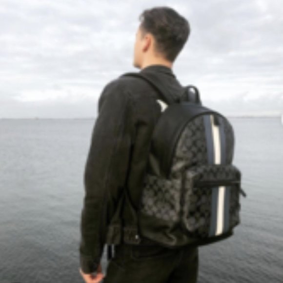 NWT Coach Men's West Signature Denim Chalk Varsity Stripe Coated Canvas Backpack - Picture 5 of 11